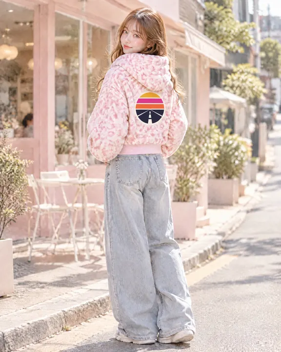 Hypeway Fluffy Zip Hoodie Jacket — Pink leopard